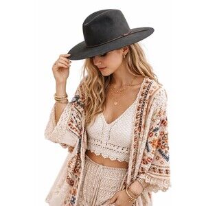 Peter Grimm Zima Wide Brim 100% Wool Floppy Hat Dark Gray Brown Cord Fedora Boho